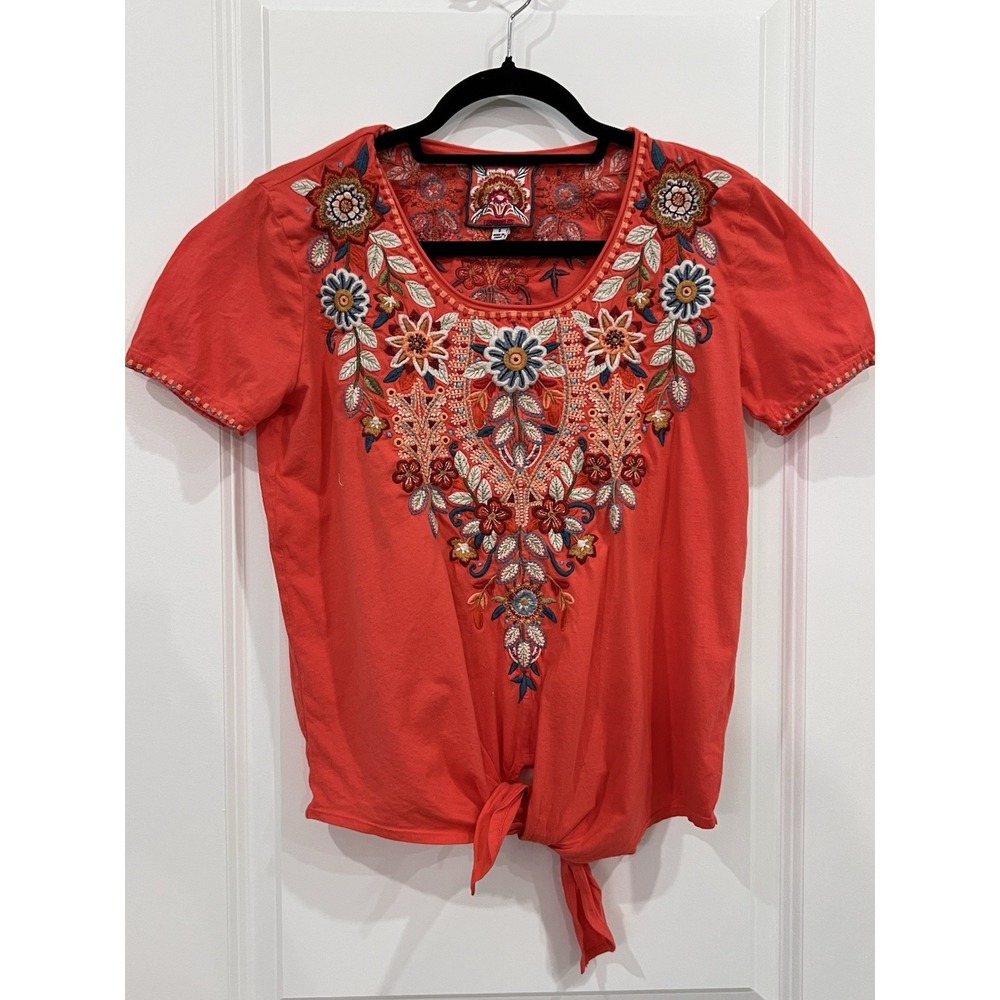 Johnny Was Top Womens S Embroidered Tie Front Cotton Short Sleeve Blouse